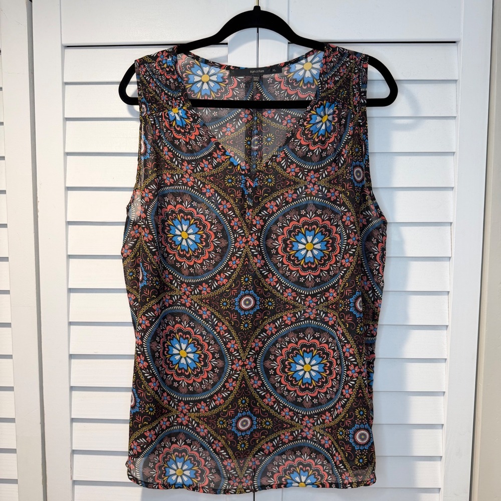 Fun 2 Fun Sleeveless Chiffon Pattern Blouse Women XL Boho Flow‎ Top